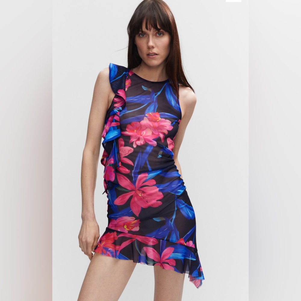 Mango Asymmetrical ruffled chiffon dress.  Size 6